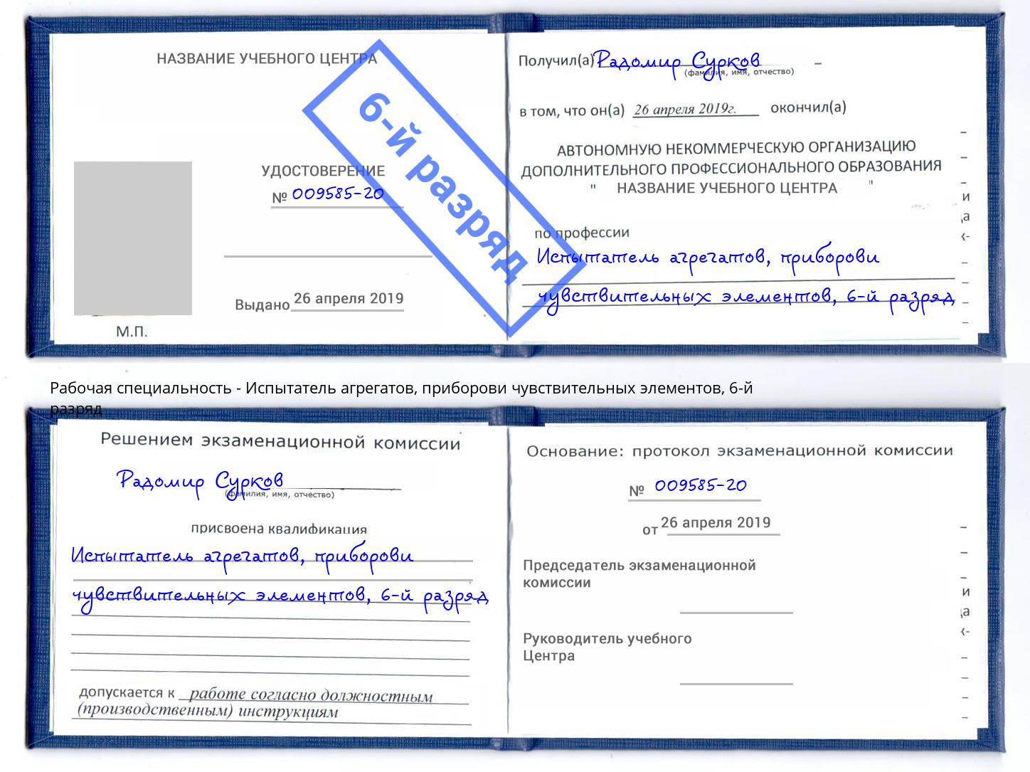 корочка 6-й разряд Испытатель агрегатов, приборови чувствительных элементов Усть-Джегута