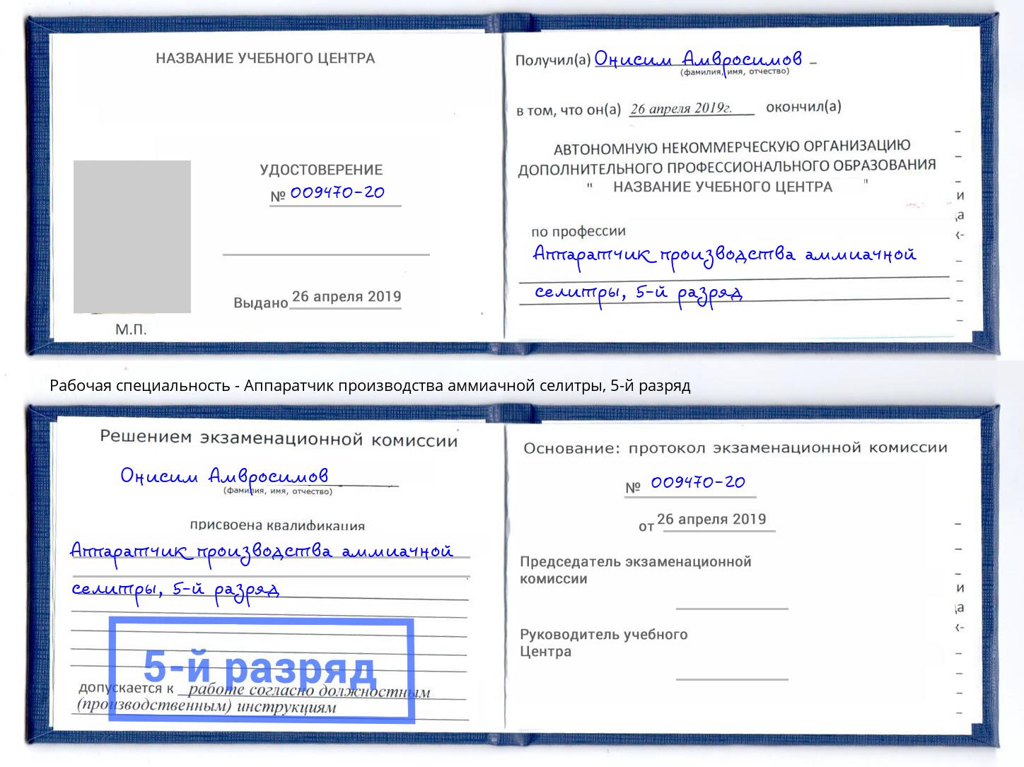 корочка 5-й разряд Аппаратчик производства аммиачной селитры Усть-Джегута