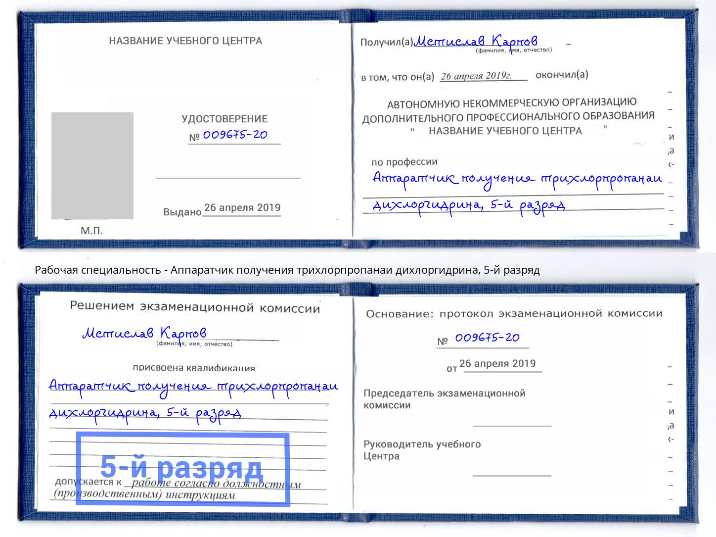 корочка 5-й разряд Аппаратчик получения трихлорпропанаи дихлоргидрина Усть-Джегута