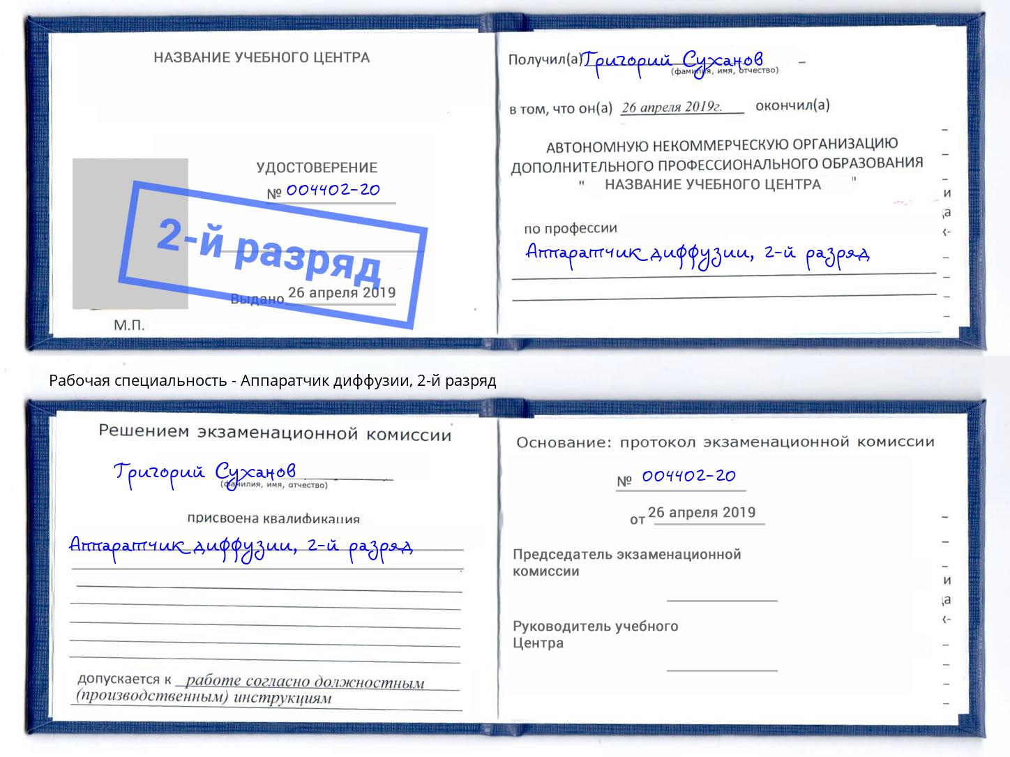 корочка 2-й разряд Аппаратчик диффузии Усть-Джегута